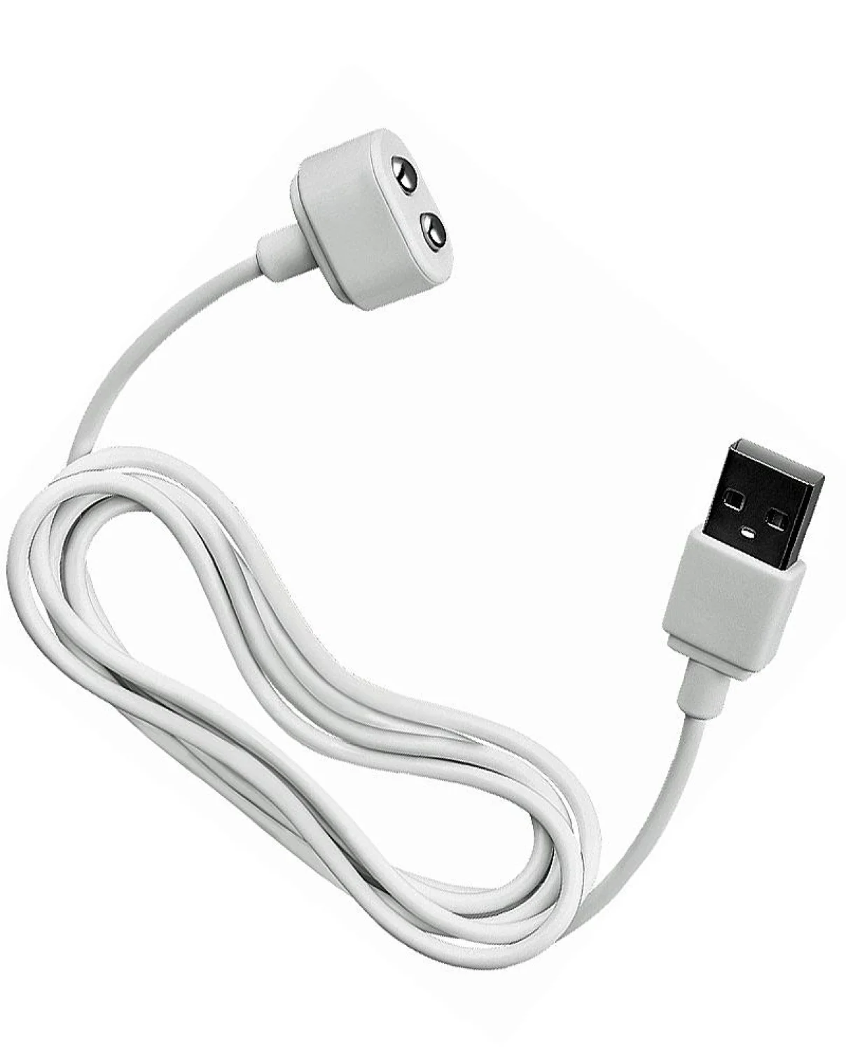 Biely nabíjací kábel Satisfyer USB s dvojpólovým a štandardným USB konektorom na druhom konci.