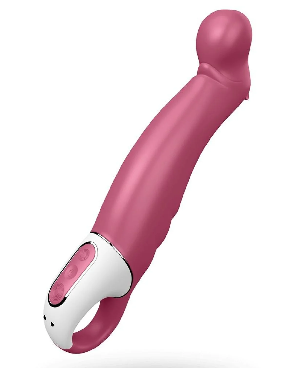 Satisfyer Petting Hippo ružový vibrátor na G-bod s prehnutou zaoblenou špičkou a bielym ovládaním s tlačidlami.