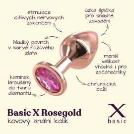 BASIC X Rosegold kovový análny kolík s kamienkom ružový vel. S