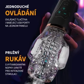 BASIC X Elias vibračný masturbátor v čiernom vyhotovení s ovládacím panelom a priehľadným pružným rukávom s nopy.