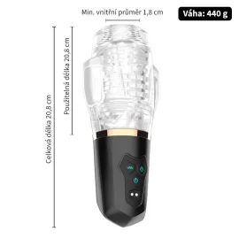 BASIC X Elias vibračný masturbátor s priehľadnou vložkou, čiernym ovládaním a výstupkami, dĺžka 20,8 cm, hmotnosť 440 g.
