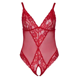 Červené dámske čipkované body Cottelli Curves s priehľadnou sieťovinou a výstrihmi vpredu aj vzadu