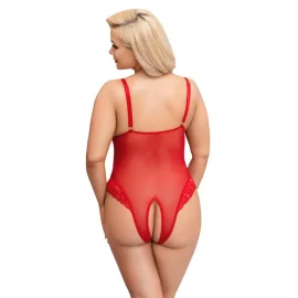 Žena zospodu v červenom priehľadnom body s čipkou, nastaviteľnými ramienkami a rozkrokovým výstrihom
