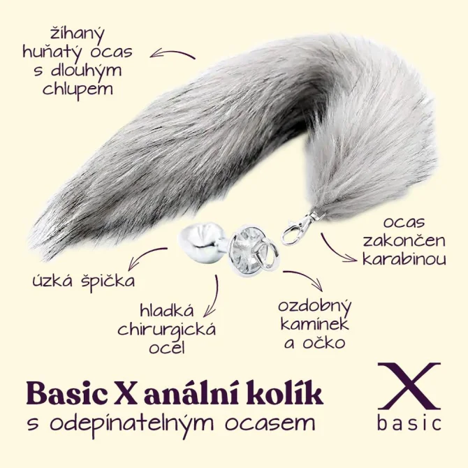 BASIC X kovový análny kolík s odopínateľným chvostom šedý