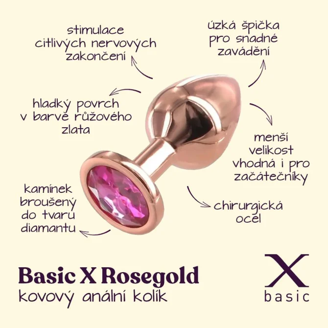 BASIC X Rosegold kovový análny kolík s kamienkom ružový vel. S