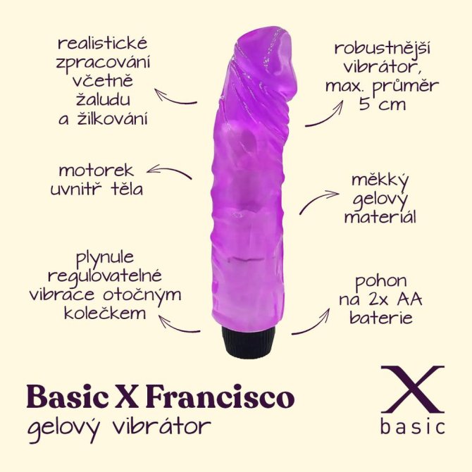 BASIC X Francisco realistický gélový vibrátor fialový