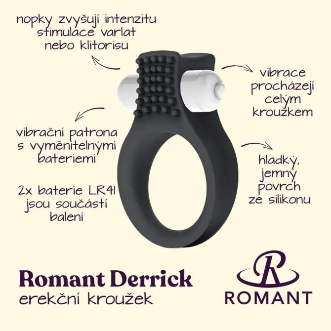 Romant Derrick erekčný krúžok s vibračnou patrónou čierny