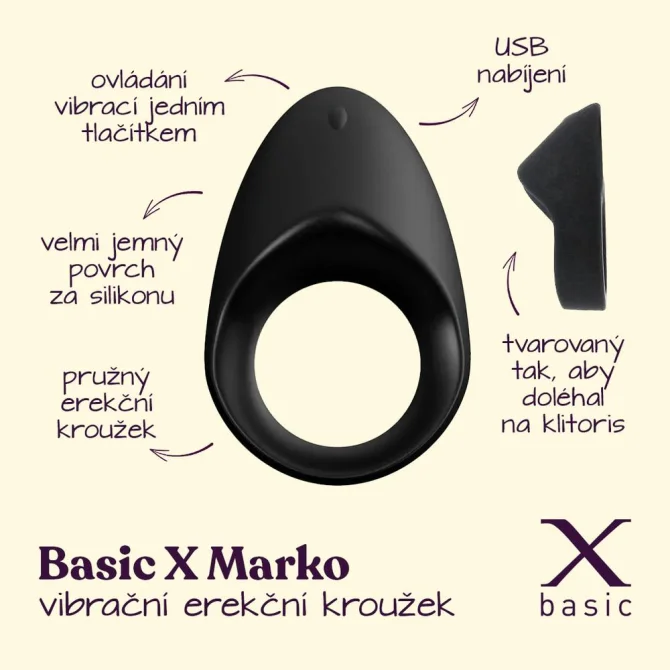 BASIC X Marko erekčný krúžok vibračný čierny