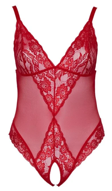 Červené dámske čipkované body Cottelli Curves s priehľadnou sieťovinou a výstrihmi vpredu aj vzadu