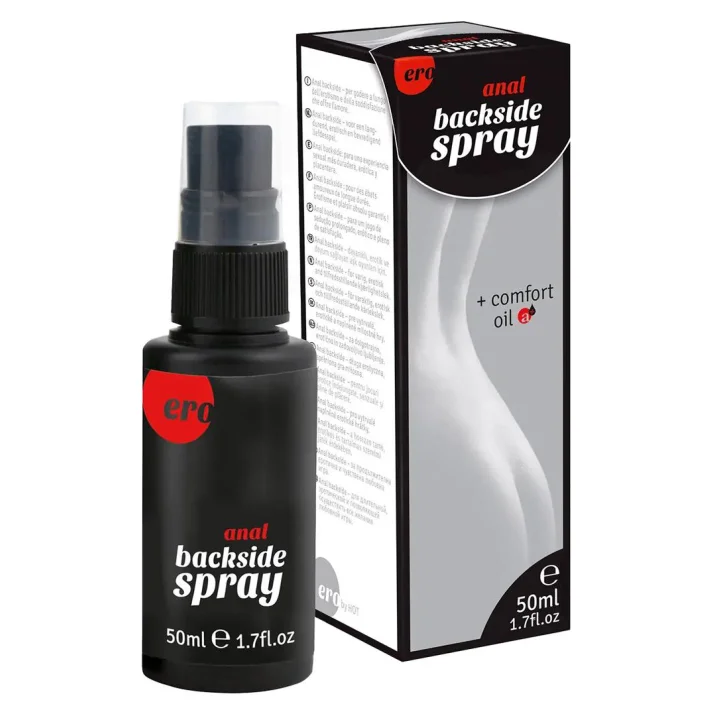 Čierny sprej Hot Anal backside 50 ml vedľa šedej krabičky s čierno-červenou potlačou