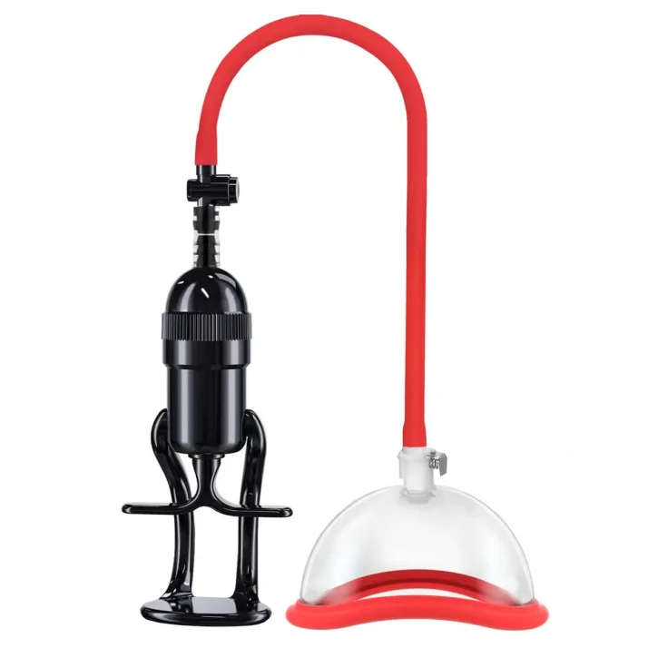 BOOM LUVPUMP Vacuum master vákuová pumpa pre ženy s čiernym piestovým mechanizmom a priehľadným nástavcom s červeným lemom.