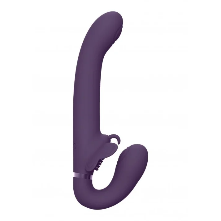 Fialový pulzačný a vibračný strap-on VIVE Satu s ergonomickým prehnutým tvarom a stimulačným ramenom