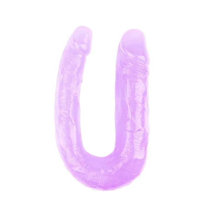 Fialové dvojité dildo Cameron v tvare U s viditeľnými žilkami a semenníkmi