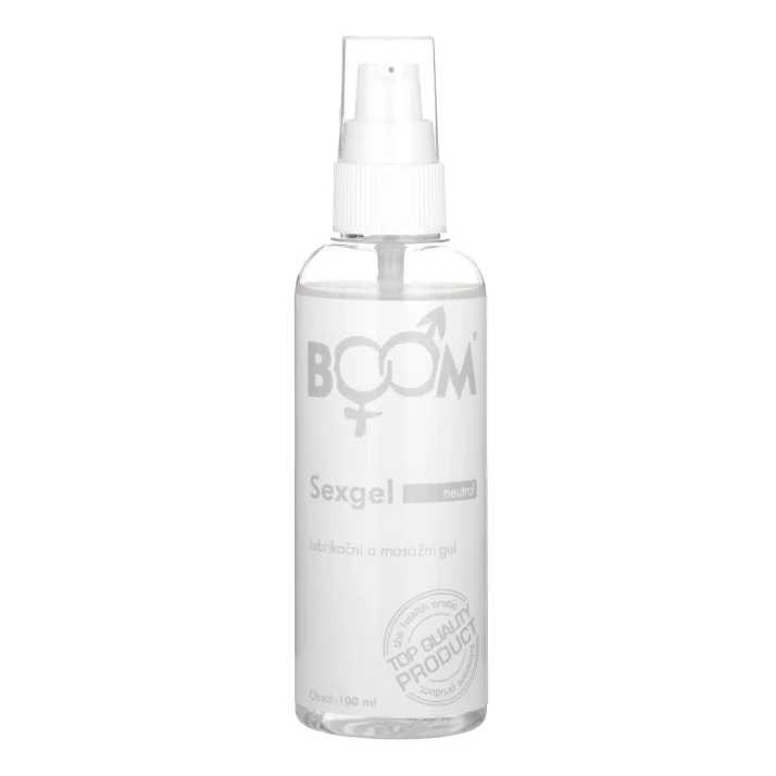BOOM SexGel lubrikačný a masážny gél neutral v priehľadnej fľaštičke s pumpičkou, objem 100 ml.