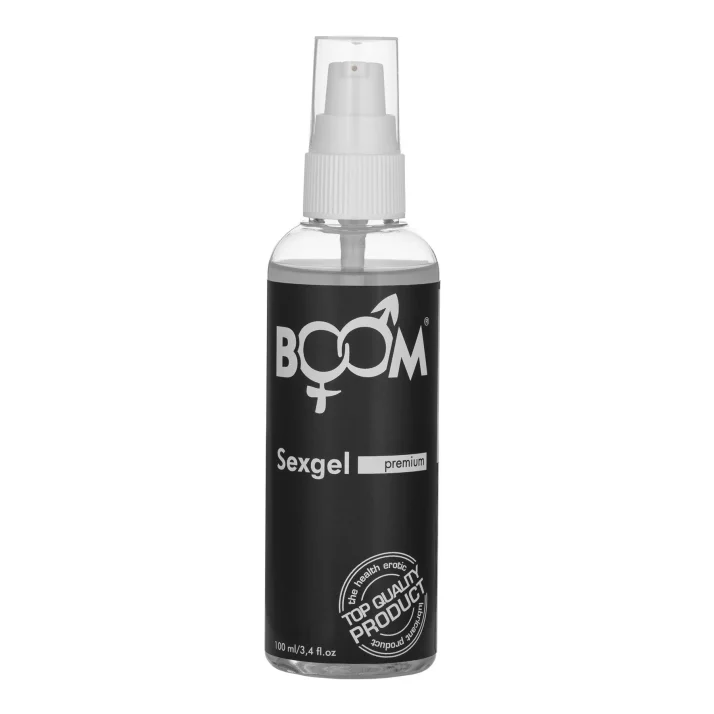 BOOM Sexgel prémiový silikónový lubrikačný gél v čiernej 100 ml fľaši s pumpičkou a priehľadným viečkom.